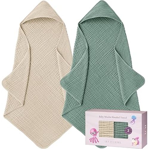 Muslin Hooded Baby Towels for Newborns, 32"x32", 100% Cotton – 6 Layers Super Soft Absorbent Breathable, Baby Bath Towel, Toddler Bath Towel – Pack of 2