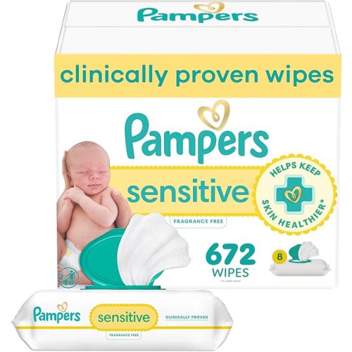 Pampers Baby Wipes, Sensitive, Water Based Wipe, Clinically Proven, Hypoallergenic, and Unscented for Babies, 672 Wipes Total (8 Flip-Top Packs) [Packaging May Vary]