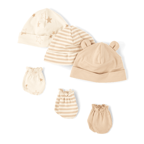 Baby Star Hat And Mittens 6-Piece Set - Tan