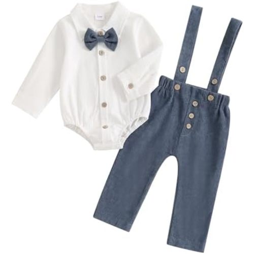Karuedoo Newborn Infant Baby Boy Clothes Cotton Linen Button Up Long Sleeve Bowtie Dress Shirt Romper Suspender Pants Set