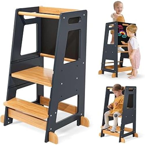 Ixdregan Kitchen Step Stool for Kids - 3 Adjustable Height& 4 Anti-Slip Feets Toddler Kitchen Stool Tower, Natural Wood &Stable Structural with Chalkboard for Counter, Kitchen, Bathroom, Navy Blue