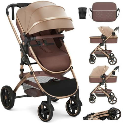 TEAYINGDE 2 in 1 Baby Stroller,Foldable Lightweight Carriage Reversible Bassinet Pram for Toddler,Travel Stroller with with Cup Holder、Storage Bag,Brown