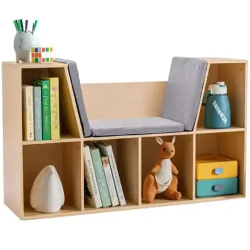 Homcom - 6-Cubby Kids Bookcase, Reading Nook and Cushion, Multi-Purpose Storage Organizer, Bedroom, Living Room - Natural Wood