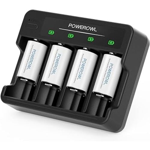 POWEROWL Rechargeable C Batteries with 4 Bay Battery Charger, USB Quick Charging, for AA AAA C D Ni-MH Ni-CD Rechargeable Batteries -4 Count