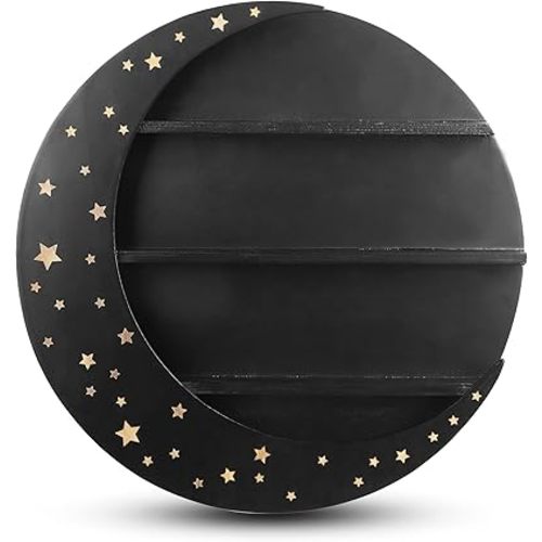 HOP SKIP Wooden Crescent Moon Shelf for Crystals and Essential Oils - 2.75” x 15.55” x15.55” - Wall Mounted Half Moon Decorative Display Crystal Shelf - Floating Shelves for Wall