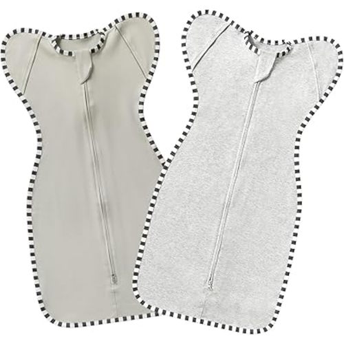 Swaddling Sleep Sack 2-Pack, 100% Cotton Newborn Wearable Blanket, Arms Up Design with 2-Way Zipper, Transitioning Breathable Swaddle (Light Grey + Grey, Medium 3-6 Months)