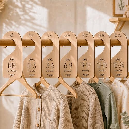 Baby Closet Dividers for Clothes Organizer - Set of 7 Adorable Wooden Double-Sided Baby Clothes Size Hanger Organizer from Newborn to 24 Months for Nursery Beautiful Decor
