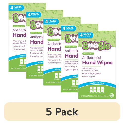 (5 pack) Boogie Antibacterial Hand Wipes, Hypoallergenic & Alcohol-Free, 80 Count