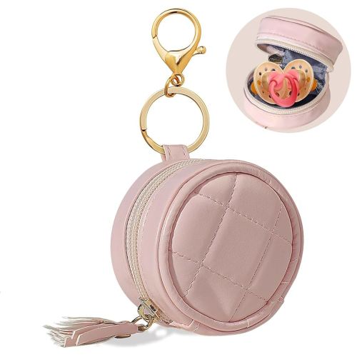 Smlpuame Pacifier Holder Case with Clip,PU Leather Pacifier Charm pod with Clasp for Diaper Bag or Purse,Pacifier Pouch Hold 2 Pacifiers,Nipple Shield Case,Outdoor Travel Accessories(Pink)