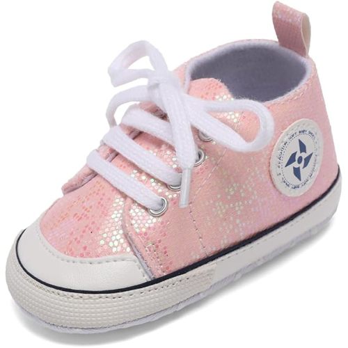 BEIDI Baby Girl Boy Shoes 0-18 Months,Infant Unique Essentials Gifts,Unisex Newborn Doll Slip-on Soft Sole High-top Frist Walking Sneakers (03Sequin LightPink,0-6 Months)