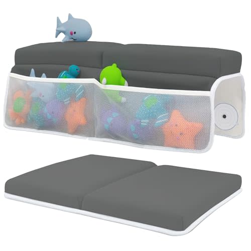 Toodly Baby Bath Kneeler and Elbow Rest Pad Set - Baby Bath Support for Knees and Elbows - Bath Kneeler Pad with Memory Foam and Bath Toy Organizer - Bath Kneeling Pad for Bathing Baby - Dark Grey