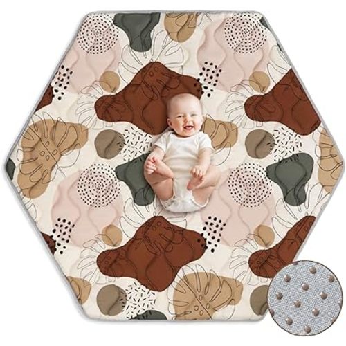 Blissful Diary Hexagon Playpen Mat,52x48 Thicken Soft Playpen Mat fits Regalo Portable Play Yard 48 Inch and Hiccapop 53" PlayPod Playpen,Washable Baby Play Mat for Infants Toddler Kids,Boho Design
