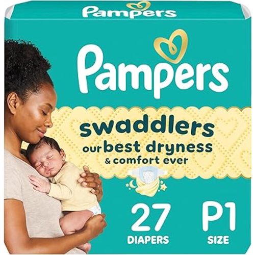 Pampers Baby Diapers - Swaddlers - Size P1, 27 Count, Ultra Absorbent Disposable Preemie Diaper