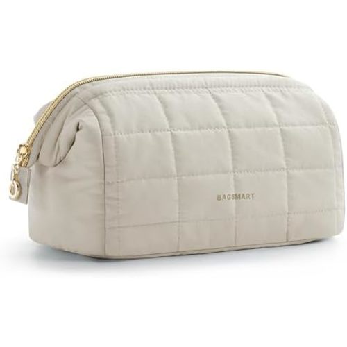 BAGSMART Makeup Bag Cosmetic Bag Wide Open, Beige, M, Wide-open Travel Makeup Bag With Puffy Padded and Rectangular Quilted