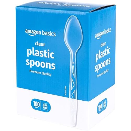 Amazon Basics Disposable Clear Plastic Spoons, Premium Quality, 100 Count, Large Pack