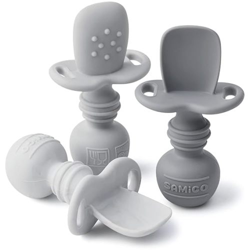 SAMiGO Silicone Baby Spoons Self Feeding 6+ Months - Infant Toddler Utensils - First Stage Baby Led Weaning Feeding Supplies - Set of 3 Pack