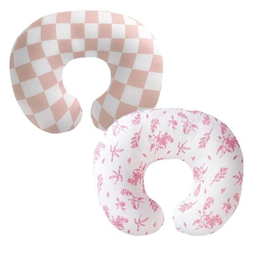 2-Pack Nursing Pillow Covers,Ultra-Soft Stretchy Breastfeeding Pillowcase for Baby Boys Girls, Fits 22.5"x18" Pillows,Removable Feeding Pillow Slipcovers for Newborn(Flower & Pink Checkered)