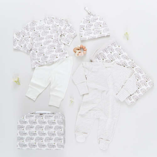 Baby's First Outfit - 6-Piece Take Home Set - Elephant Block Print