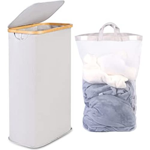efluky Slim Laundry Hamper with Lid, Narrow Laundry Hamper with Removable Bag, Collapsible Dirty Clothes Basket with Handles for Bathroom, Bedroom & Laundry Room, 63L Light Grey