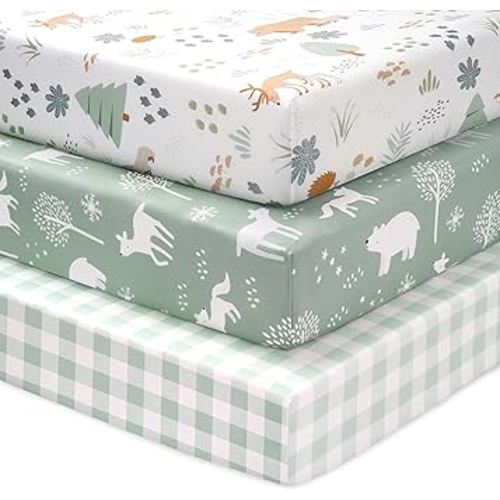 Baby Crib Sheets for Boys and Girls, 3 Pack Fitted Toddler Bed Sheets Neutral for 52”x28” Standard Crib and Toddler Mattresses, Super Soft Microfiber Green Forest Bear