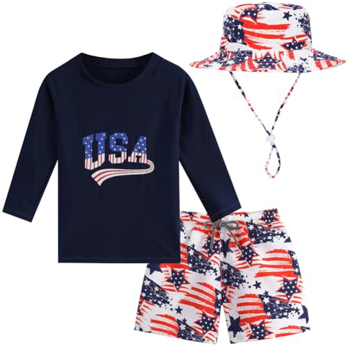 Baby Boys Swimsuit, 3-Piece Toddlers Swimsuit Trunk Long Sleeve Rashguard Swimwear and Sun Hat Set