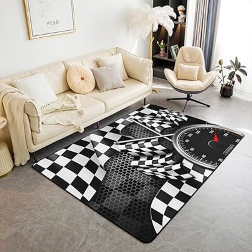 Racing Car Theme Rug 5x6'6''(150cmX200cmX1cm),Black White Checkered Flag Decorative Area Rug for Teens,Honeycomb Geometry Non Slip Washable Decor Carpet for Indoor Outdoor
