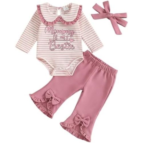 Baby Girl Clothes Mommy is My Bestie Long Sleeve Romper Shirt Flare Pants Cute Fall Winter Outfits+Headband