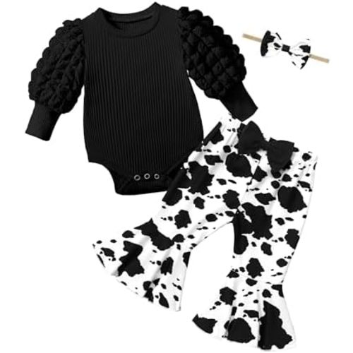 NAPU Baby Girl Clothes Long Sleeve Romper 3Pcs Baby Girl Outfits Flare Pants Set with Headband Fall Baby Girl Winter Clothes