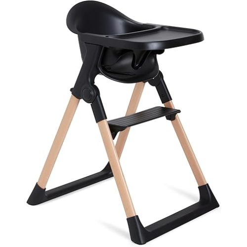 Munchkin® Float™ Foldable Baby and Toddler High Chair - Easy Clean, Compact and Lightweight, Great for Small Spaces, Black with Wooden Legs