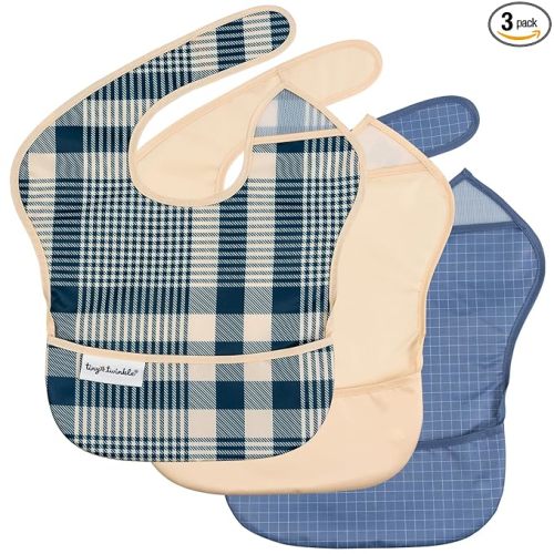 Tiny Twinkle Mess-Proof Baby Bibs for Eating | Waterproof, Wipeable Toddler Bibs with Catch-All Pocket | Feeding Bibs for Girls & Boys(3 Pack,Gingham,Grid)
