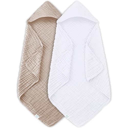 MOON PARK 2 Pack Muslin Hooded Baby Bath Towels for Newborns, Infants, Toddlers - 100% Cotton - Large 32x32Inch Size - Highly Absorbent and Essential, White and Brown