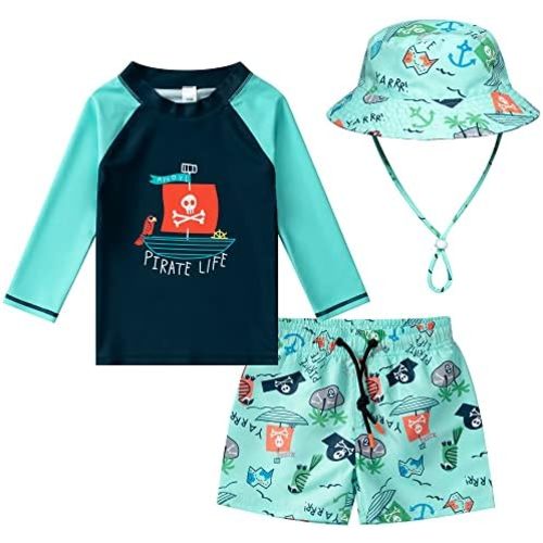 Toddler and Baby Boys' 3-Piece Swimsuit Trunk, Long Sleeve Rashguard Bathing Suit with Hat Set