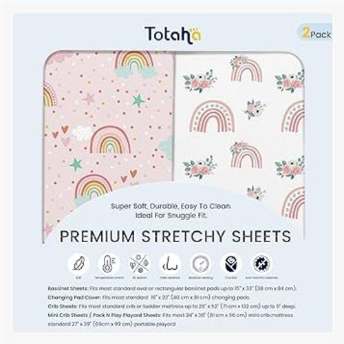 TotAha Pink Rainbow Crib Sheets Girl - Hypoallergenic, Silky Comfort, Buttery Soft, Calming Effect, All-Season Premium Stretchy Jersey-Knit Sheets, 9'' Extra Deep Pocket-2 Pack