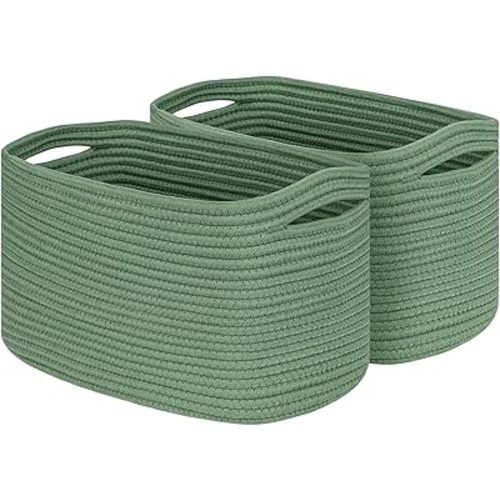 Green 2 Pack Shelf Cube Storage Organizer Bins,Decorative Closet Storage Basket for Organizing,Skin-friendly Rope Basket for Shelves,Rectangular Woven Basket for Living Room