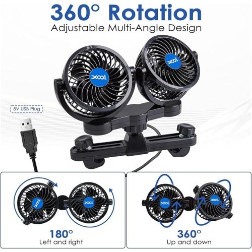 XOOL USB Car Fans for Backseat - Dual Head Cooling Car Fan for Kids, 360° Rotatable Car Rear Headrest Fan, Air Circulation Fans with Adjustable Clip Stepless Speed Regulation for Vehicles SUV RV Truck