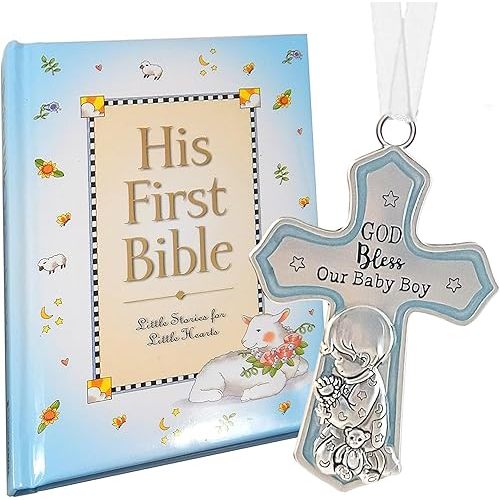 elskandi Baby Boy First Bible and Catholic Baptism Crib Cross Set for Boys, Catholic Baptism Gifts for Boys Christening and Dedication Baptismal Gifts from Godparents