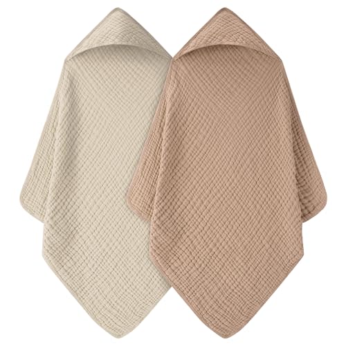 FIEMOL Baby Bath Towels, 100% Muslin Cotton Hooded Baby Towels for Newborn, 2 Pack Baby Towels with Hood for Infant Toddler and Kids, Large 32x32Inch, Soft and Absorbent