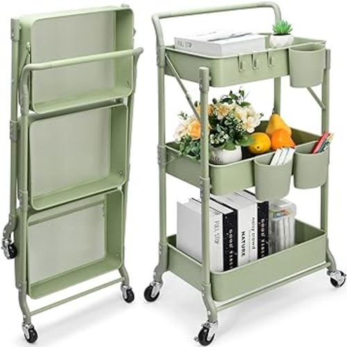 Foldable 3 Tier Rolling Cart, Metal Utility Cart, Folding Mobile Multi-Function Storage Trolley Organizer Cart for Home Library Office(Green)