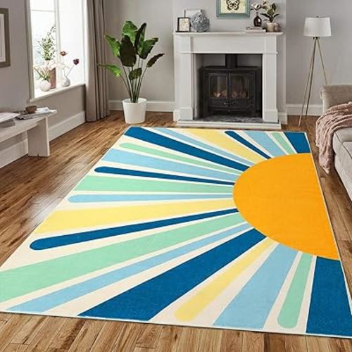Caromio Boho Washable Sun Print Abstract Distressed Throw Rug, Bedroom Living Room Kitchen, 5x7.blue