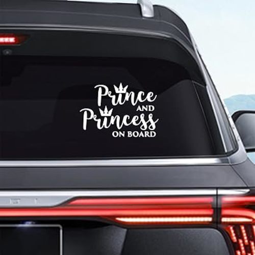 2Pack Prince and Princess on Board Bumper Sticker,Funny Baby on Board Sign Safety Decals Vinyl Stickers for Cars Body Door Decor Truck Motorcycle Waterproof Letter Stickers 5.9x4.05inch