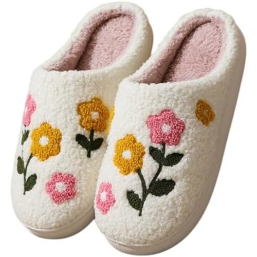 Floral Flower Slippers Plush Cotton-Lined Indoor Slides with Non-Slip Sole, Comfort Fuzzy House Shoes for Women Girls