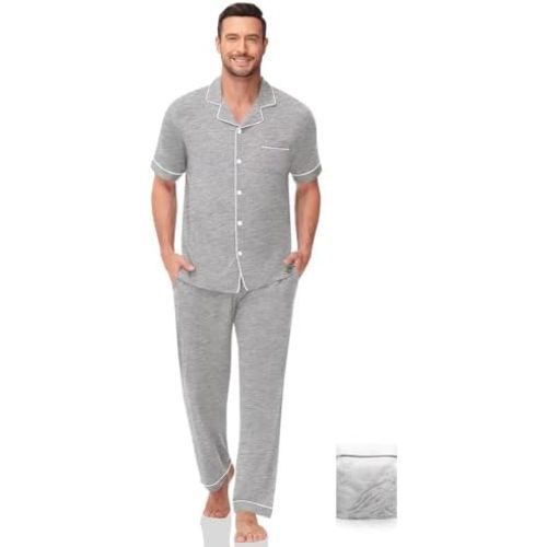 Men Pajamas Set Two Pieces Short Sleeve Sleepwear Button Down Loungewear Set Soft Modal Pj Set with Pockets