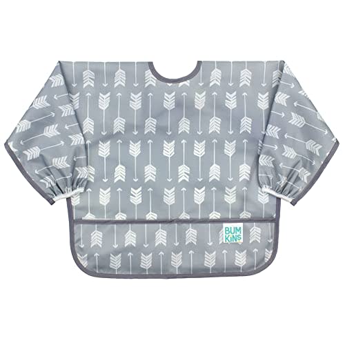 Bumkins Sleeved Bib for Girl or Boy, Baby and Toddler for 6-24 Mos, Essential Must Have for Eating, Feeding, Baby Led Weaning Supplies, Long Sleeve Mess Saving Food Catcher, Soft Fabric, Gray Arrows