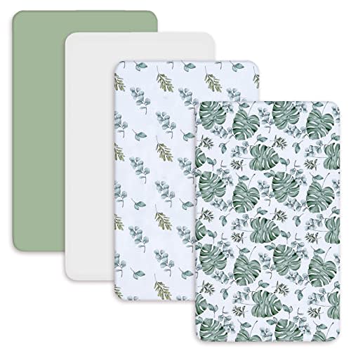 AMROSE 4 Pack Soft Mini Crib Sheets, Microfiber Pack N Play Sheets Set for Baby Girls Boys, Silk Touch Gentle Playard Sheet Portable Crib Sheet, Sage Green Leaf