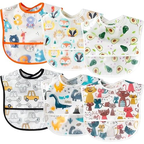 2ooya 6 Pcs Baby Feeding Bibs Toddler Waterproof Bib Set with Crumb Catcher Pocket Infant Adjustable Baby Teething Bib Babies Food Bibs Keepsake Gift for Baby Shower Christmas New Year, 6-12 Months
