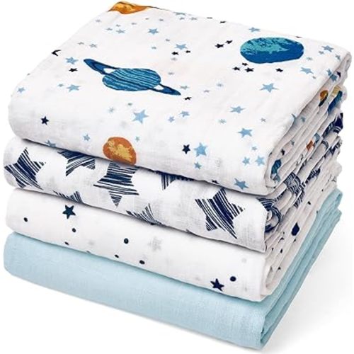 david's kids 4 Pack Baby Muslin Swaddle Blankets, 100% Cotton and Ultra Soft Breathable Receiving Blanket Wrap for Boys Girls, New Born Essentials, Large 47 x 47 inches, Space&Stars
