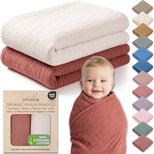 infancie 100% Organic Cotton Muslin Baby Blanket - 47 x 47 Inch Breathable Swaddle Blankets, Hypoallergenic Double-Layer, Soft and Cozy Newborn Baby Blanket for Sleeping and Everyday Use (Rust/Ivory)