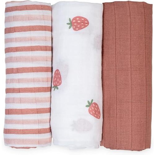 lulujo Baby Receiving Blanket| Unisex Softest 100% Cotton Muslin Blanket| Neutral Receiving Blanket for Girls & Boys | 28in x 28in | Baby Gift| Strawberries