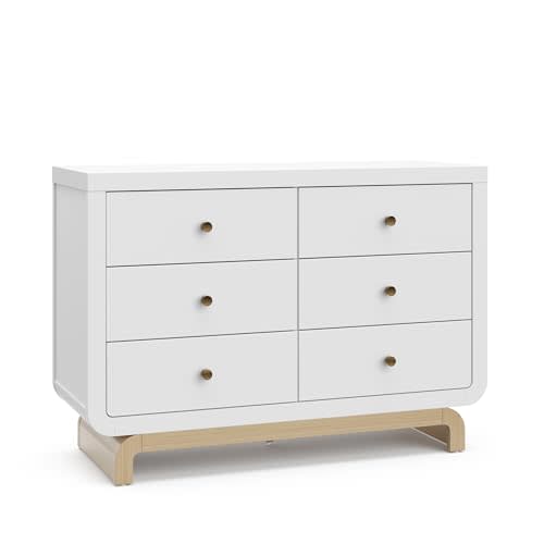 Storkcraft Santorini 6 Drawer Double Dresser (White with Driftwood) - GREENGUARD Gold Certified, Interlocking Drawer System, Dresser Drawer Organizer for Kids Bedroom