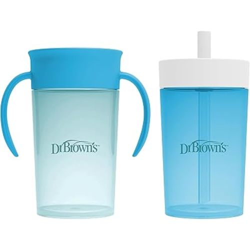 Dr. Brown's Milestones Straw to 360° Cup Set, Convertible Toddler Training Cup Set with Interchangeable Silicone Straw and 360 Degree Cup Lids, Ocean Blue, 10 oz/300 mL, BPA Free, 9m+, 2 Pack